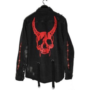 Y2K Gothic Skullhead Denim Jacket. Embroidered Ripped Streetwear