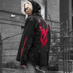 Y2K Gothic Skullhead Denim Jacket. Embroidered Ripped Streetwear