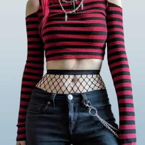 Y2K Gothic Streetwear Crop Top with Open Shoulder