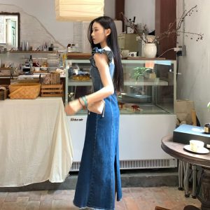 Y2K Gradient Denim Slip Dress with Flying Sleeves