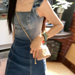 Y2K Gradient Denim Slip Dress with Flying Sleeves