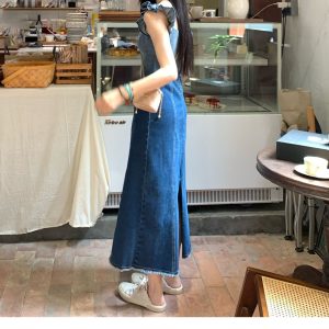 Y2K Gradient Denim Slip Dress with Flying Sleeves