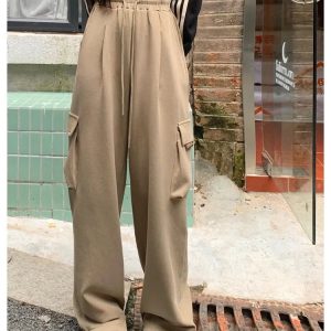 Y2K Gray/Black/Khaki Drawstring Wide Leg Cargo Pants