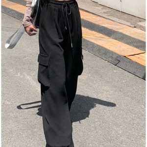 Y2K Gray/Black/Khaki Drawstring Wide Leg Cargo Pants