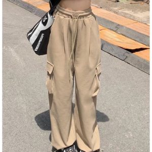 Y2K Gray/Black/Khaki Drawstring Wide Leg Cargo Pants