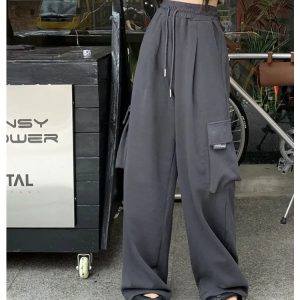 Y2K Gray/Black/Khaki Drawstring Wide Leg Cargo Pants