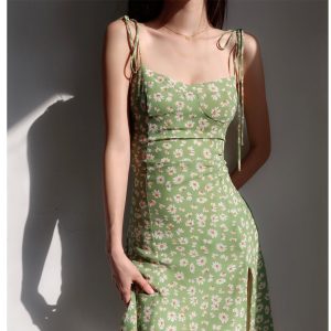 Y2K Green Flower Print Suspender Midi Dress