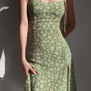 Y2K Green Flower Print Suspender Midi Dress