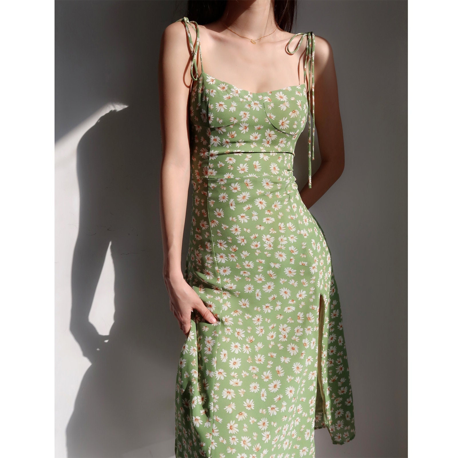 Y2K Green Flower Print Suspender Midi Dress