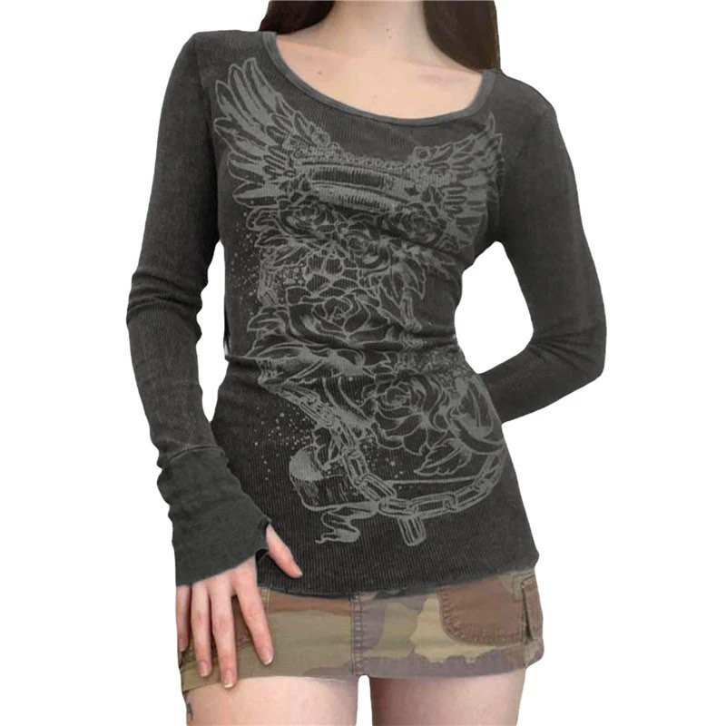 Y2K Grey Fairy Grunge Long Sleeve Top