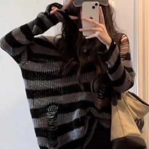 Y2K Grunge Striped Distressed Jumper