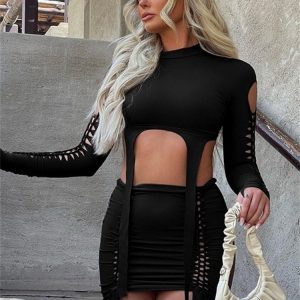 Y2K Hollow Out Skirt Set - Sexy Clubwear Crop Top & Mini Bodycon Skirt
