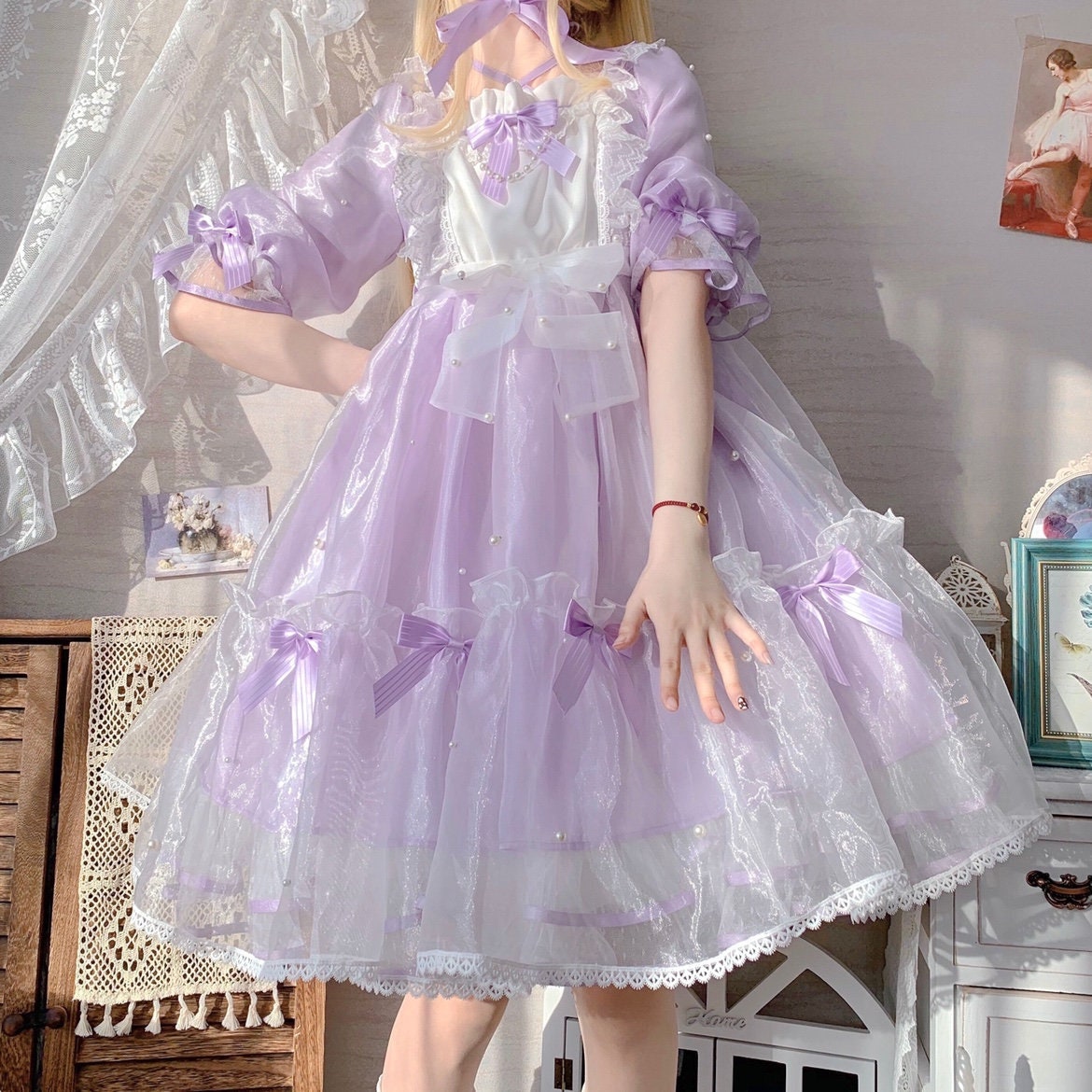Y2K Kawaii Lolita Mini Dress - Cute Purple & Blue Sweet Lolita Skirt with Bow