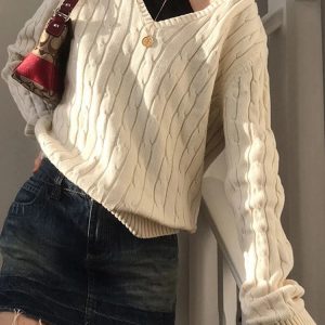 Y2K Knitted V-Neck Sweater for Winter Layering