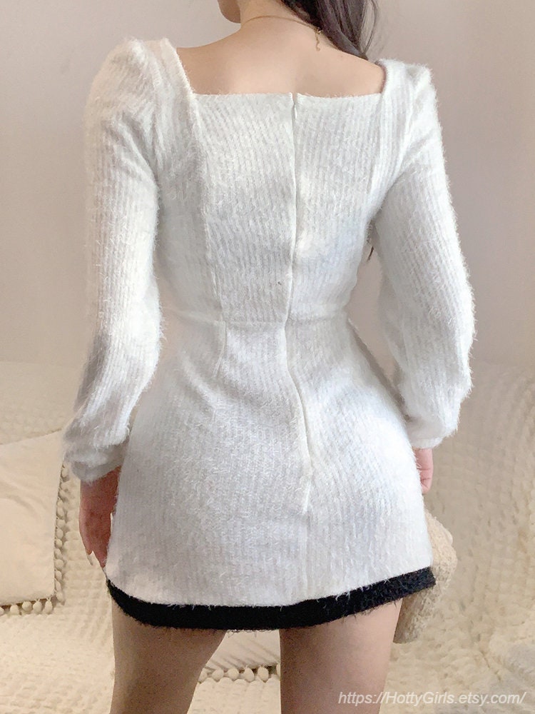 Y2K Korean Fashion Aesthetic Mini Dress - Furry White Kawaii Square Collar