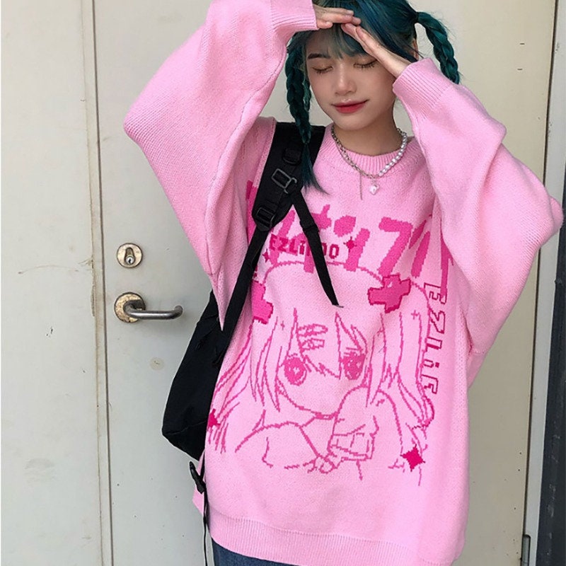 Y2K Korean Unisex Harajuku Anime Print Knitted O-Neck Sweater