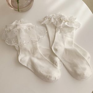 Y2K Lace Ankle Ruffle Socks - White/Black