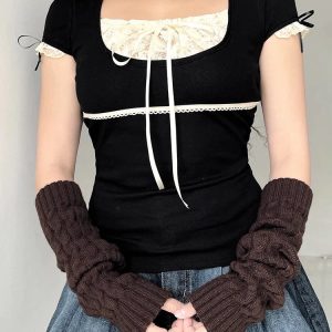 Y2K Lace Milkmaid Baby Tee with Ribbons - Fitted