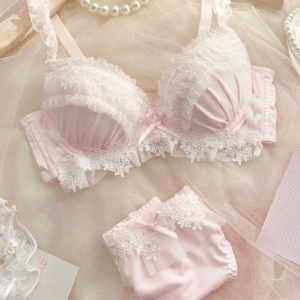 Y2K Lolita Lingerie Set - Sweet Pink Ruffle Embroidery