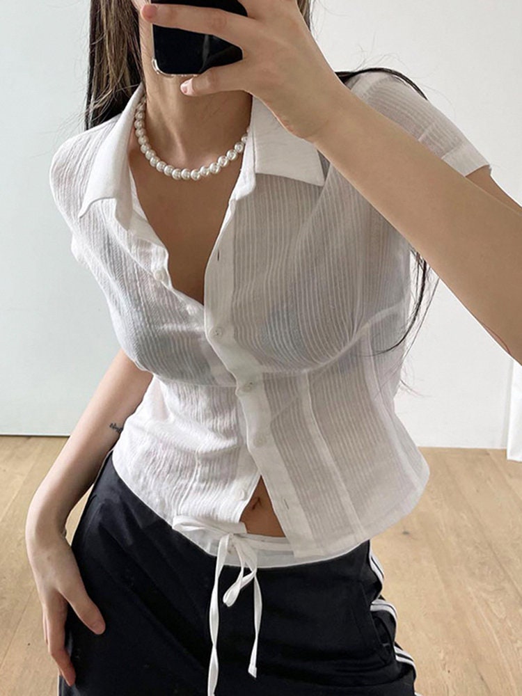 Y2K Long Sleeve Sexy Mesh Shirts & Blouses - Kawaii Korean