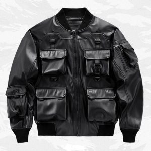 Y2K Men's Black Casual Bomber Jacket with Multiple Pockets