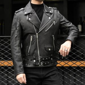 Y2K Men's Black Vegan Leather Biker Jacket with Zipper