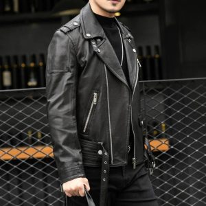 Y2K Men's Black Vegan Leather Biker Jacket with Zipper