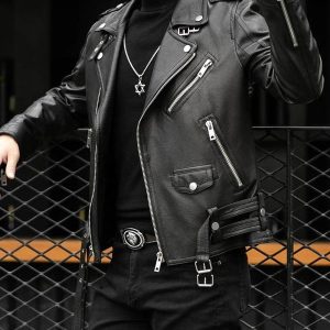 Y2K Men's Black Vegan Leather Biker Jacket with Zipper