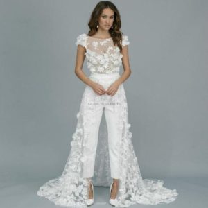 Y2K Off Shoulder Bridal Jumpsuit with 3D Floral Applique and Sweep Train