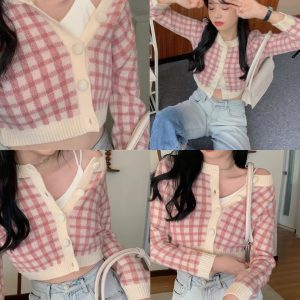 Y2K Pastel Plaid Knitted Cardigan