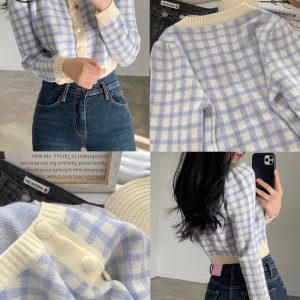 Y2K Pastel Plaid Knitted Cardigan