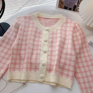 Y2K Pastel Plaid Knitted Cardigan