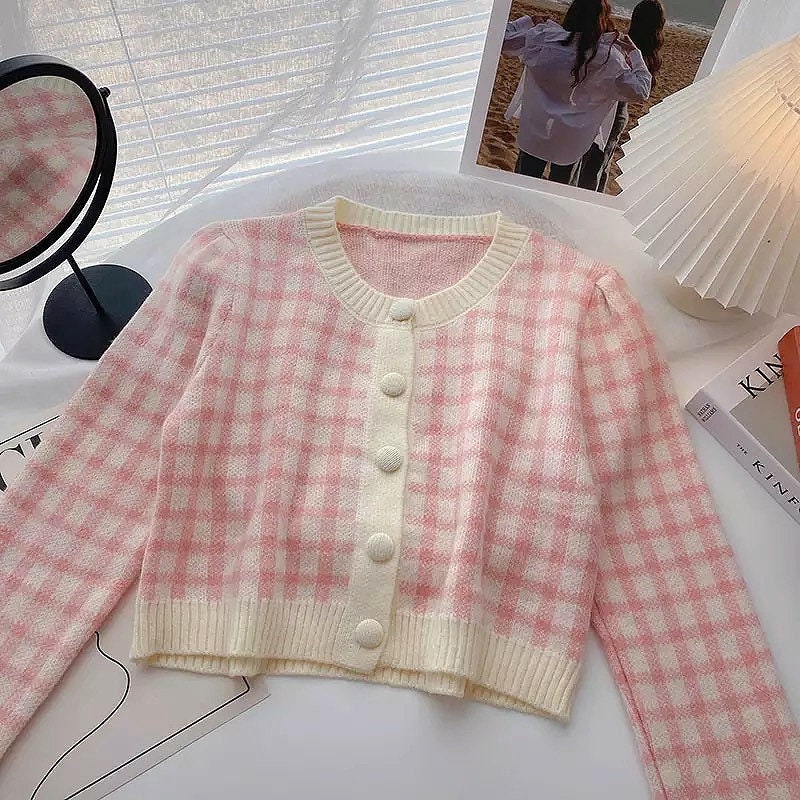 Y2K Pastel Plaid Knitted Cardigan