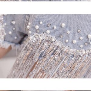 Y2K Pearl Rhinestone Tassel Denim High Waist Shorts