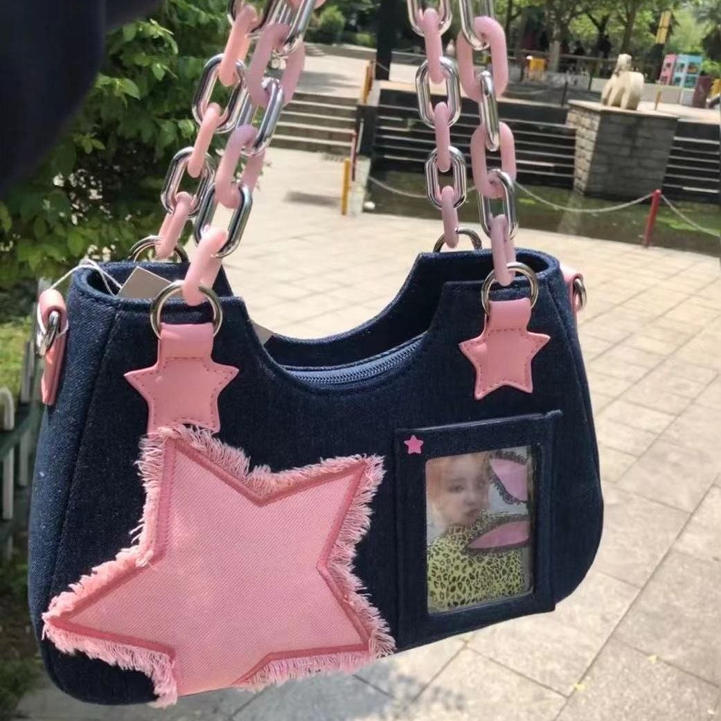 Y2K Pink Star Denim Shoulder Bag