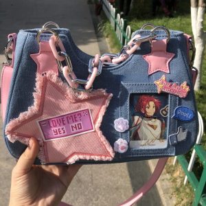 Y2K Pink Star Denim Shoulder Bag