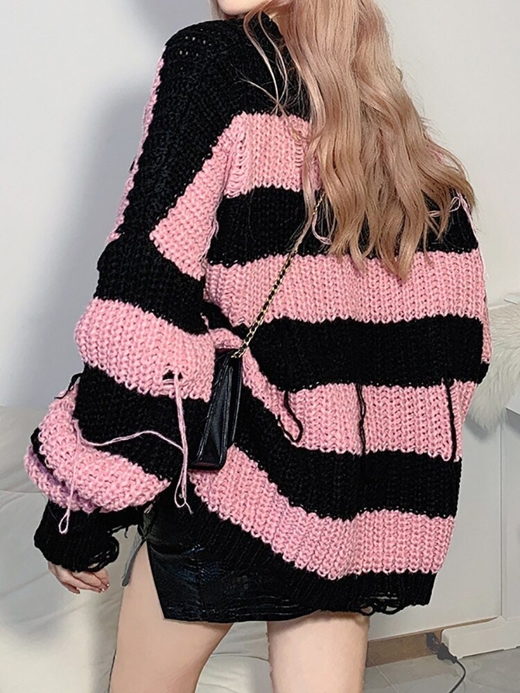 Y2K Pink Striped Ripped Sweater - Streetwear Harajuku Grunge Goth