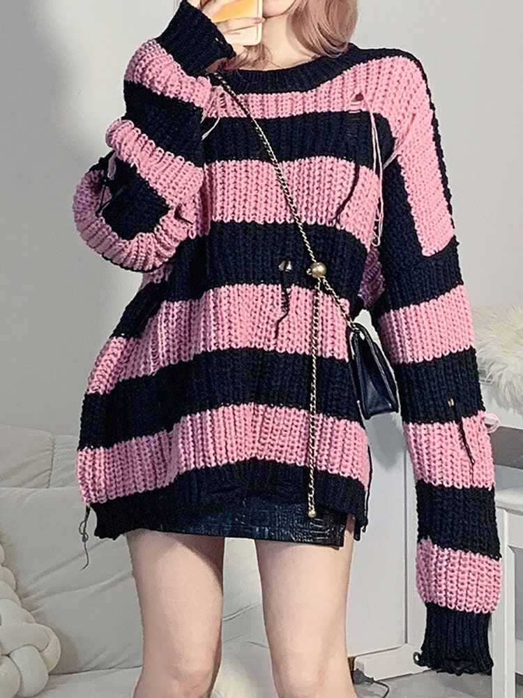 Y2K Pink Striped Ripped Sweater - Streetwear Harajuku Grunge Goth
