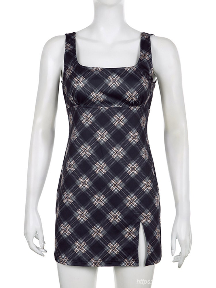 Y2K Plaid Print Sleeveless Tank Dress - Trendy Summer Fashion