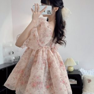 Y2K Princess Organza Bubble Sleeve Midi Dress