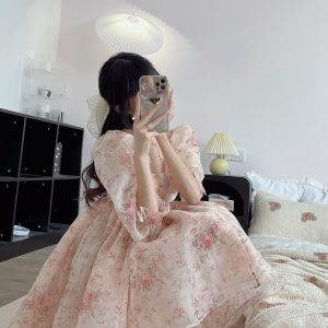 Y2K Princess Organza Bubble Sleeve Midi Dress