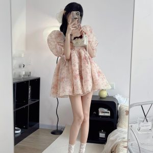 Y2K Princess Organza Bubble Sleeve Midi Dress