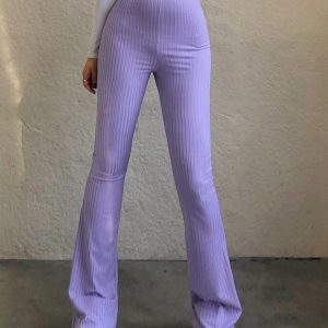 Y2K Purple Ribbed Sweatpants, Elastic Flare Pants