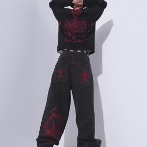 Y2K Retro Skull Embroidery Baggy Denim Pant