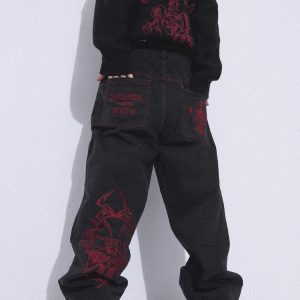 Y2K Retro Skull Embroidery Baggy Denim Pant