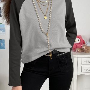 Y2K Ribbed Patchwork Long Sleeve Streetwear Blouse