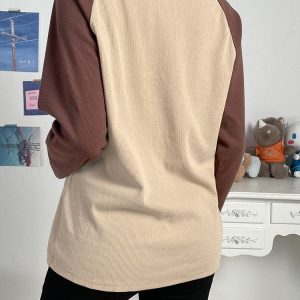 Y2K Ribbed Patchwork Long Sleeve Streetwear Blouse