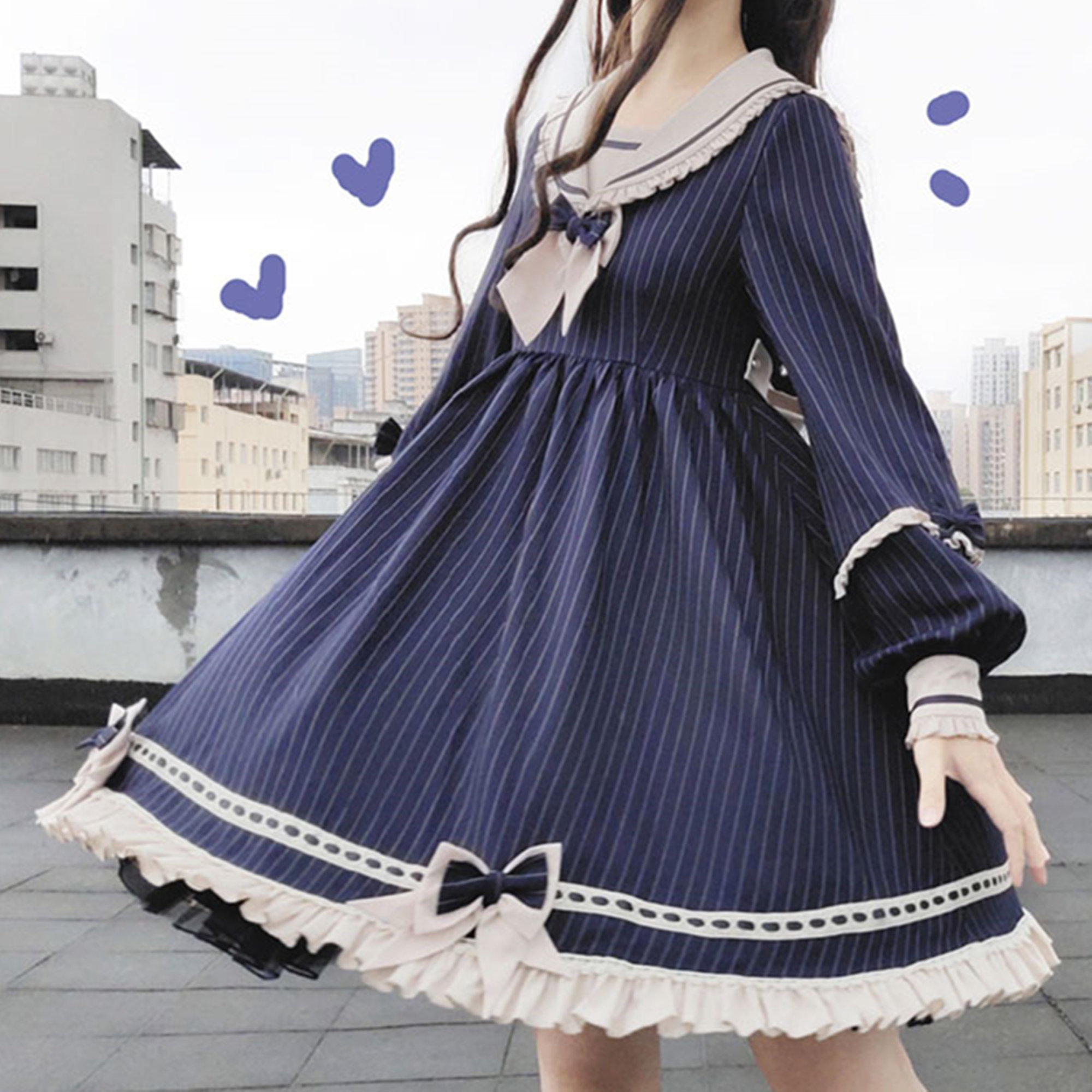 Y2K Sailor Dress with Puff Sleeves