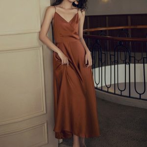 Y2K Satin Milkmaid Dress - Burnt Orange