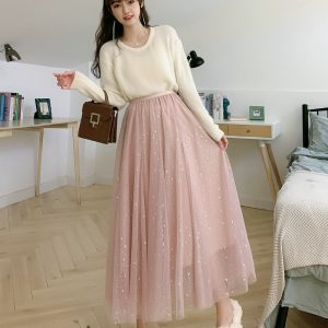 Y2K Sequin Star Embellished Tulle Midi Skirt